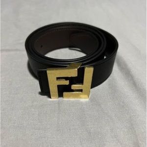 FENDI Belt Leather Black Gold Logo Buckle Men's
